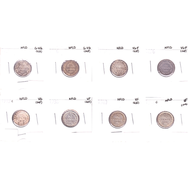 Newfoundland 10-cent 1890-1941C Bulk Collection in 8-Pocket Sheet G-VG to EF. 8pcs