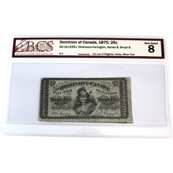 Error! DC-1b-i-E25-I 1870 25-cent 'Cut-Out-of Register' Small B, Series B, BCS VG8 