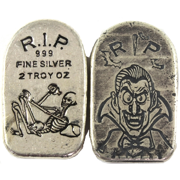 2x 2oz MPM Dracula & Skeleton .999 Fine Silver Tombstone Bars. 2pcs. (Tax Exempt)