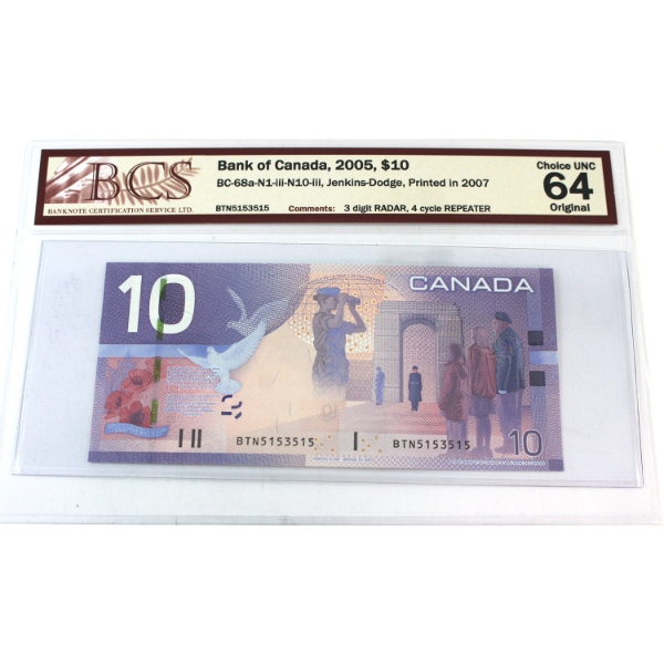 BC-68a-N1-iii-N10-iii 2005 $10 3-Digit RADAR, 4 Cycle REPEATER BCS CUNC64 Original SN: BTN5153515