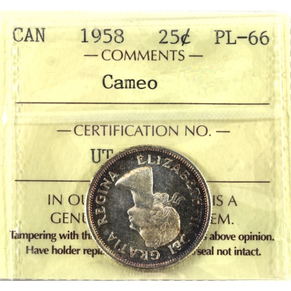25-cent 1958 ICCS PL66 Cameo
