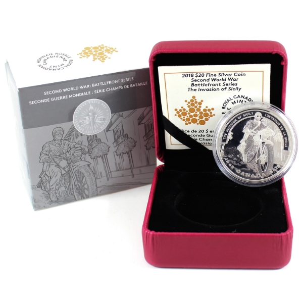 2018 $20 WWII Battlefront Series: The Invasion of Sicily Fine Silver Coin (Tax Exempt)