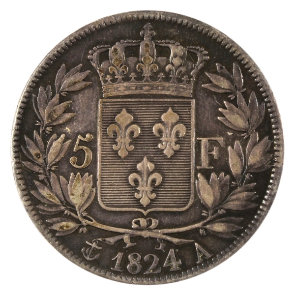 France Silver 1824A 5 Francs EF (Impaired)