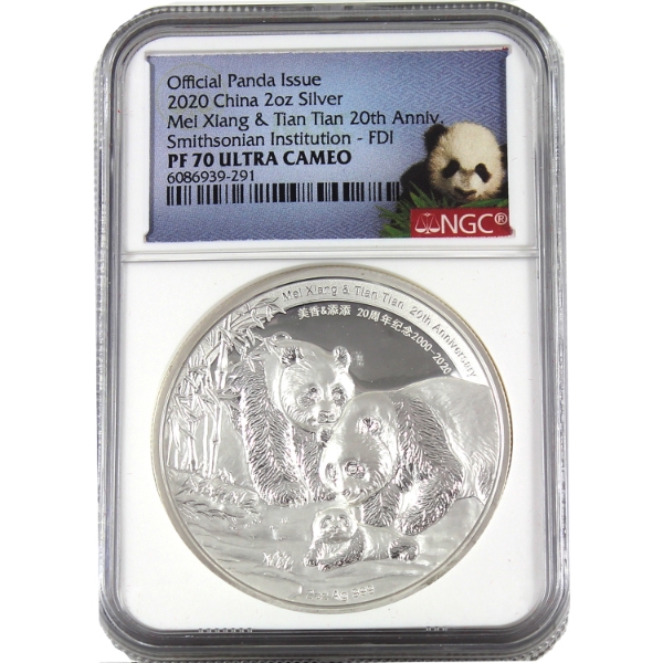 China Silver 2020 Mei Xiang & Tian Tian 20th Ann. Smithsonian Institution- FDI Fine Silver Coin