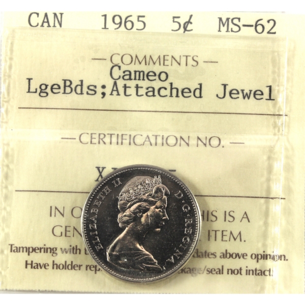 5-cent 1965 Lge Bds, Att. Jewel ICCS MS62 Cameo