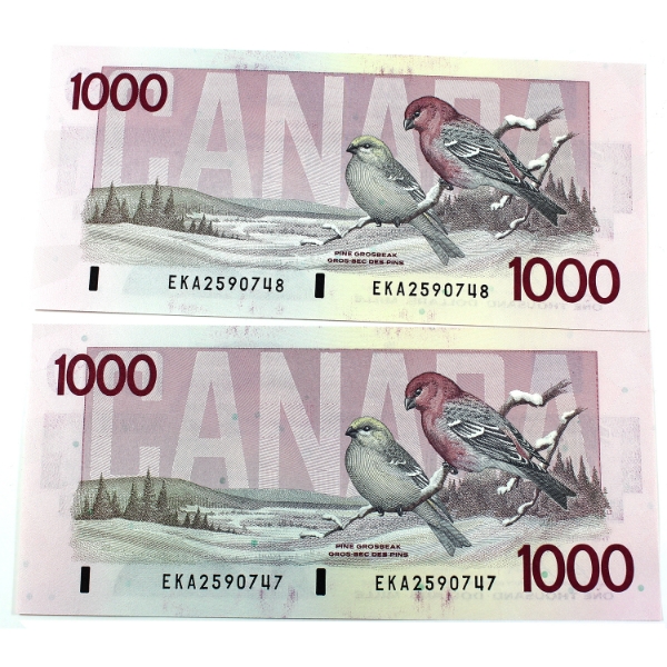 BC-61b 1988 $1000 Consecutive UNC or Better Bonin-Thiessen SN:EKA2590747-"48. 2pcs.