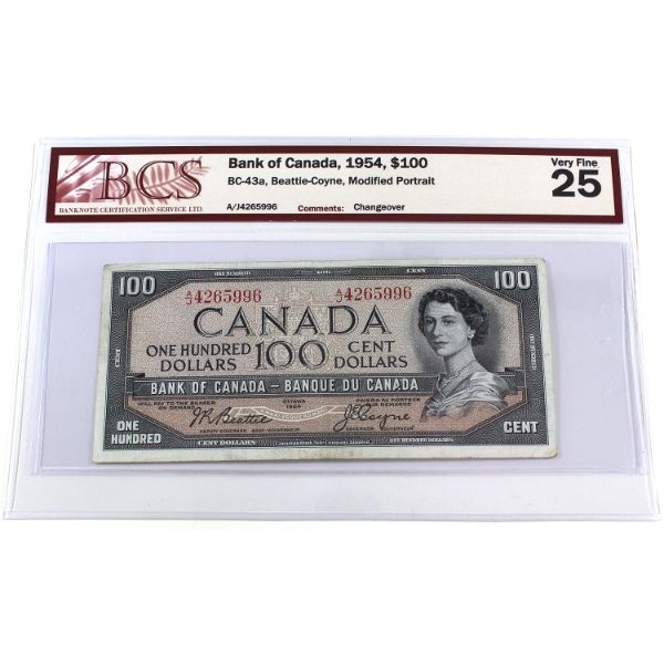BC-43a 1954 $100 Modified Portrait BCS VF25 Beattie-Coyne Changeover SN:A/J4265996