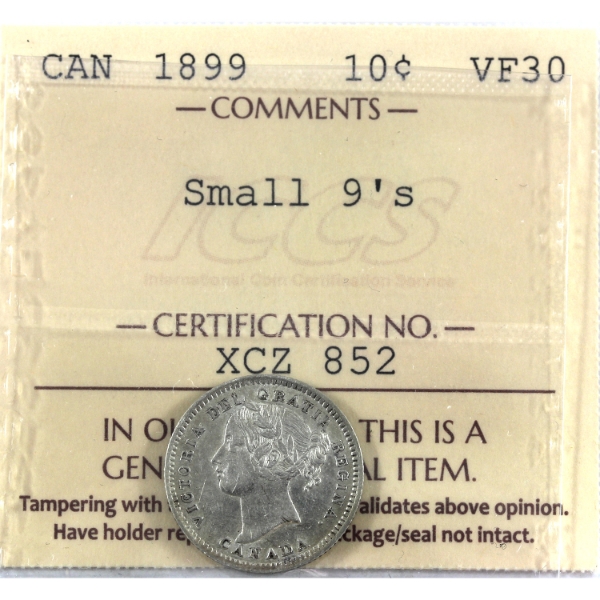 10-cent 1899 Small 9's ICCS VF30