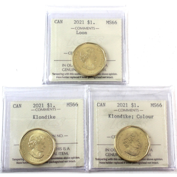 Loon $1 2021 Loon, Klondike & Klondike Colour ICCS MS66. 3pcs. 