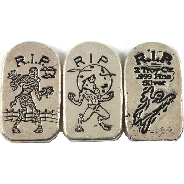 3x 2oz MPM Mummy, Werewolf, & Ghost .999 Fine Silver Tombstone Bars. 3pcs. (Tax Exempt)