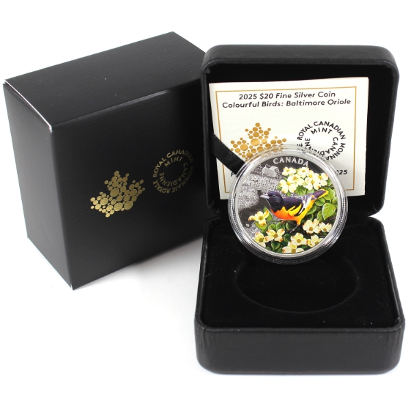 2025 $20 Colourful Birds: Baltimore Oriole 1oz .9999 Fine Silver Coin (Tax Exempt)