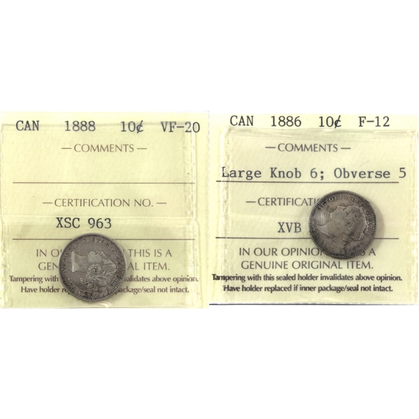 10-cent 1886 Large Knob 6 Obverse 5 F12 & 1888 VF20 ICCS. 2pcs.