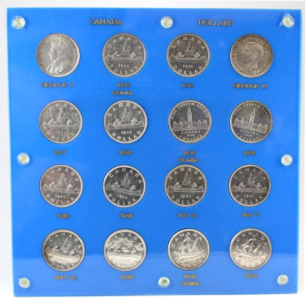 1935 to 1949 Canada Silver Dollars in Vintage Custom Holder. Includes the Rare 1948! 16pcs