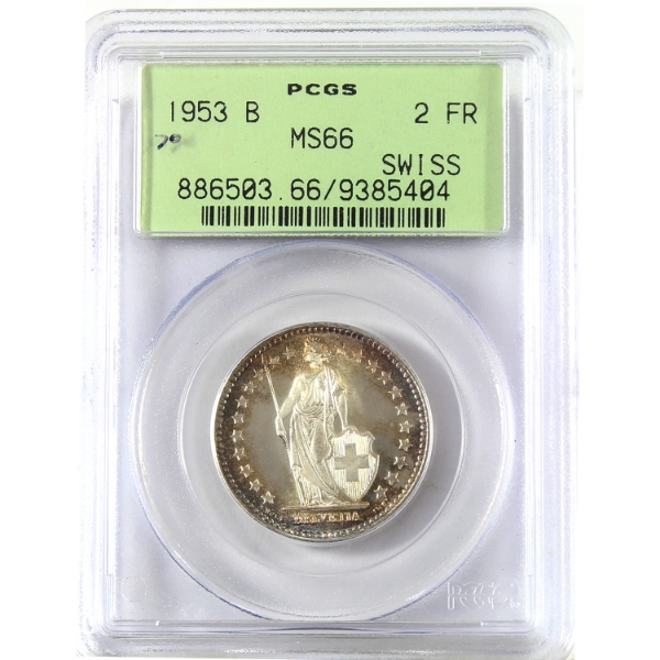 Switzerland Silver 1953B 2 Francs PCGS MS66