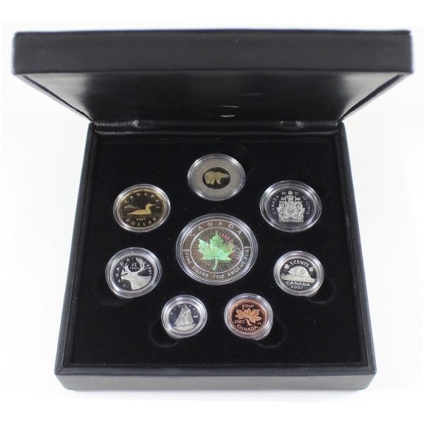 2001 8-Piece Premium Proof Set w/ $5 Hologram .9999 Fine Silver Maple Leaf Coin