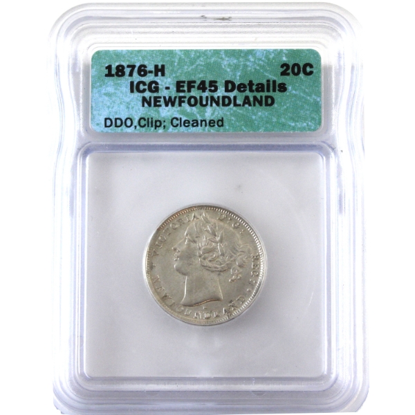 ERROR Newfoundland 20-cent 1876H Dbl Die Obverse ICG EF45 (Clip, Cleaned)