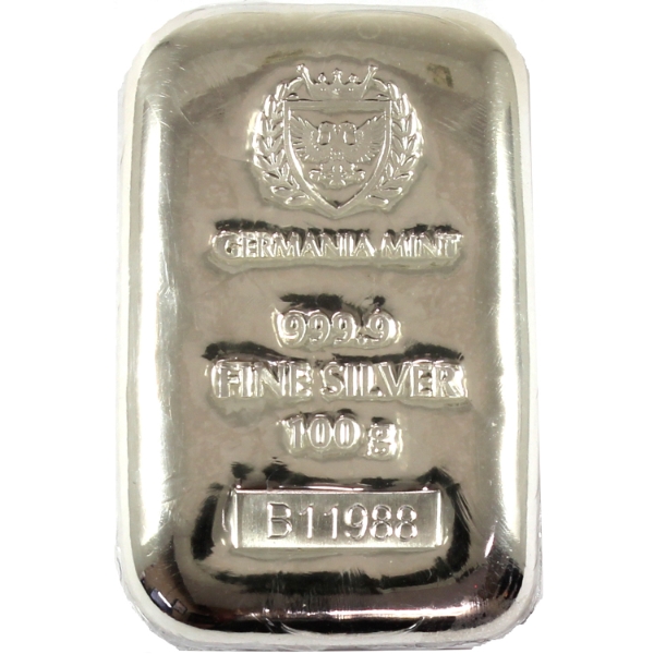 100g Germania Mint .999 Fine Silver Cast Bar Sealed with Cardboard Box (Tax Exempt)