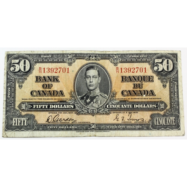 BC-26b 1937 $50 VF Gordon-Towers SN: B/H1392701