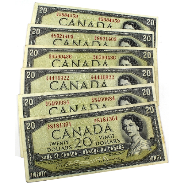 Bulk Lot of 6x BC-41b 1954 $20 Beattie-Rasminsky. 6pcs.