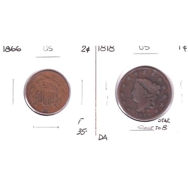 USA 1818 1-cent Star Close to 8 & 1866 2-cent. 2pcs.