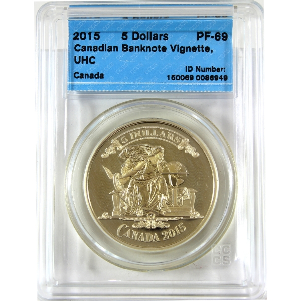 2015 $5 Canadian Banknote Vignette 23.17g .9999 Fine Silver Coin CCCS PF69 (Tax Exempt)