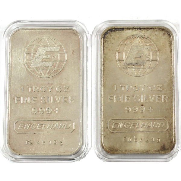 2x 1oz Engelhard c.1981-1985 Large E Logo, Portrait .999+ Silver Bars in 2 Variations. 2pcs.