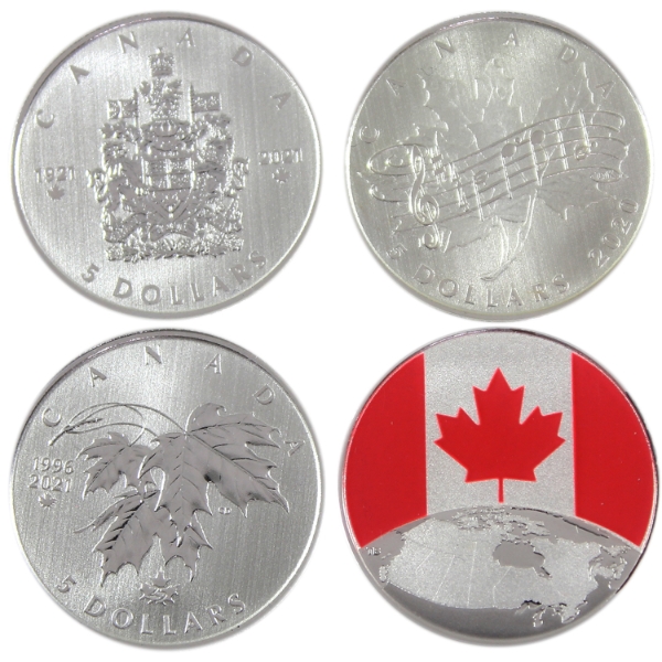 2019-2021 $5 Canadian Anniversaries .9999 Fine Silver Coins. 4pcs. (Tax Exempt)