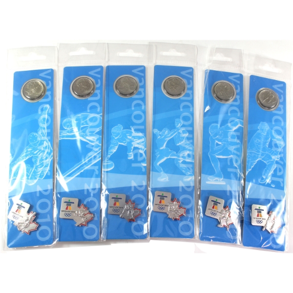 Group Lot of 2010 Vancouver Olympics 25-cent Coin & Lapel Pin Bookmarks. 6pcs