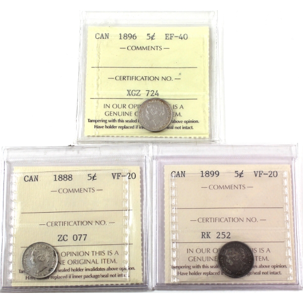 5-cent 1888 VF20, 1896 EF40 & 1899 VF20 ICCS. 3pcs