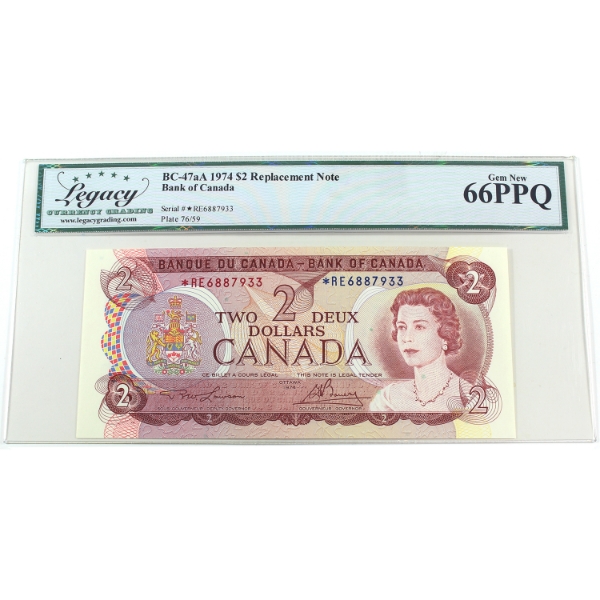 BC-47aA 1974 $2 *RE Replacement Legacy GEM UNC66 PPQ Lawson-Bouey SN: *RE6887933