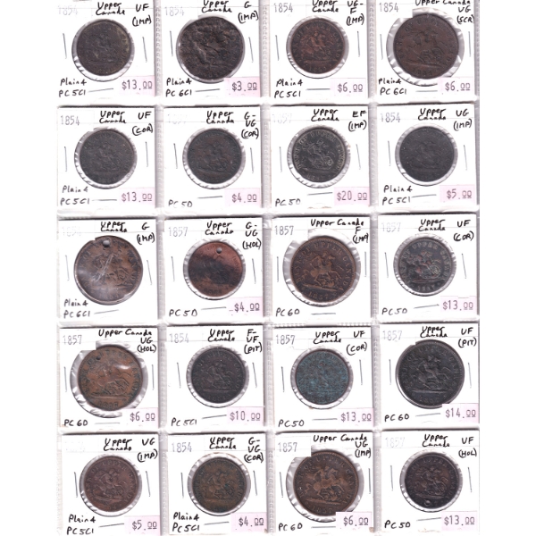 Bulk Lot of 1854-1857 Upper Canada Penny & Half Penny Tokens G to VF in 20-Pocket Sheet. 20pcs.