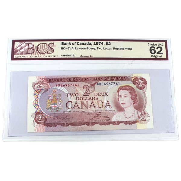 BC-47aA 1974 $2 BCS CUNC62 Original Lawson-Bouey Two Letter Replacement Note SN:*RE6967761