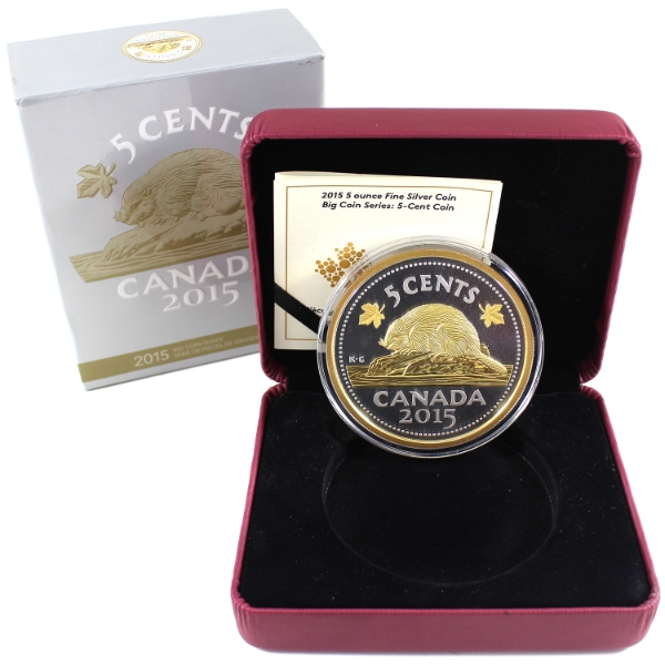 2015 5-cent Big Coin Series 5oz .9999 Fine Silver w/ Selective Gold Plating (Tax Exempt)