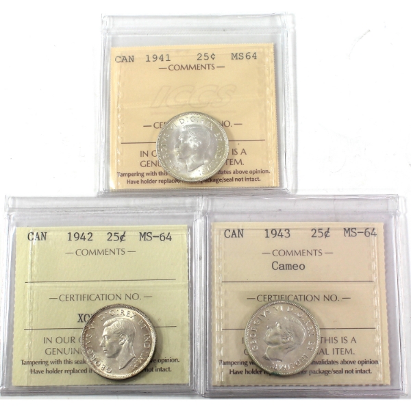 25-cent 1941, 1942, & 1943 ICCS MS64. 3pcs.