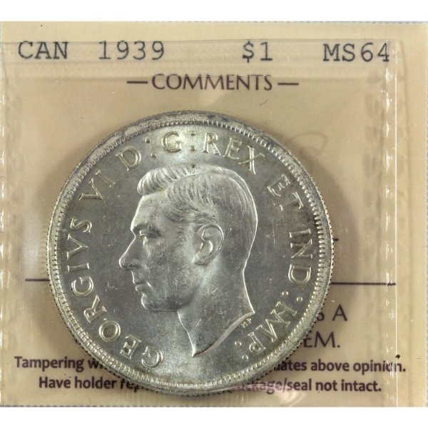 Silver $1 1939 ICCS MS64