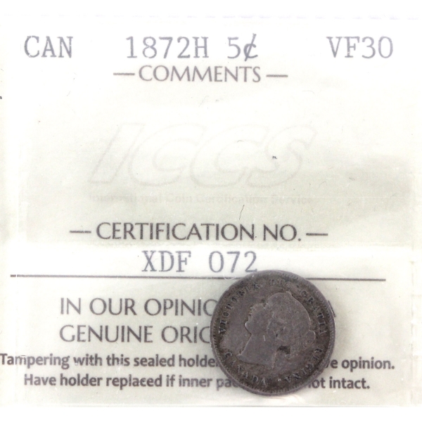 5-cent 1872H ICCS VF30