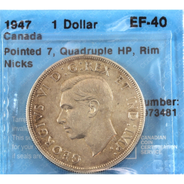 Silver $1 1947 Pointed 7; Quad HP CCCS EF40 (Rim Nicks)