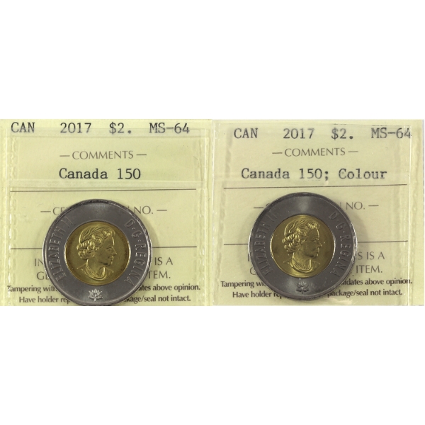 2x $2 2017 Canada 150 Coloured & Uncoloured ICCS MS64. 2pcs.