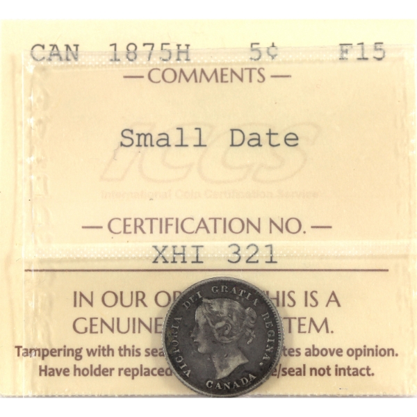 5-cent 1875H Small Date ICCS F15