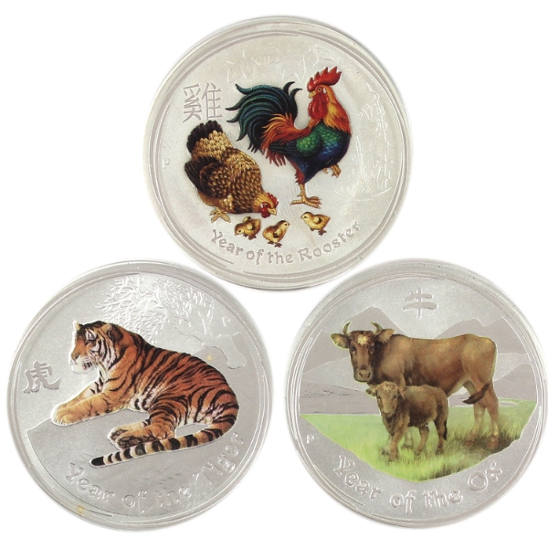 3x 1/2oz Australia 2009-2017 50-cent Lunar Year Animals Fine Silver Rounds. 3pcs. (Tax Exempt)