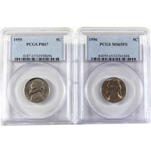 USA 1955 PR67, & 1956 FS MS65 Jefferson Nickel PCGS. 2pcs.