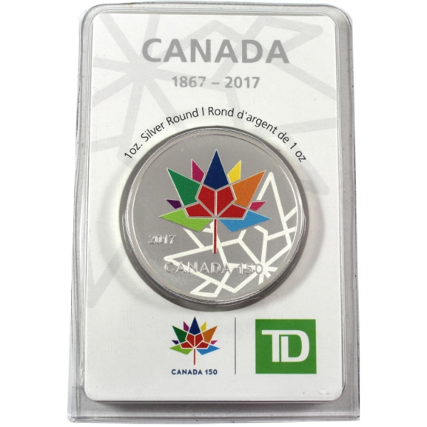 1oz TD Bank 2017 Canada 150 .999 Fine Silver Round w/ Selective Colour (Tax Exempt)