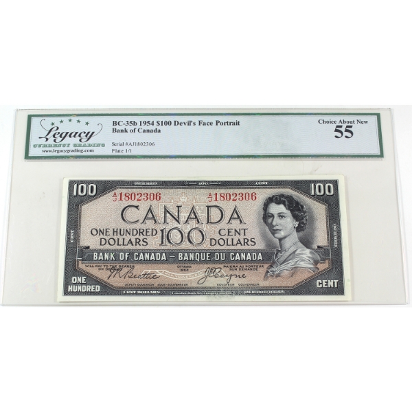 BC-35b 1954 $100 Devil's Face Legacy AU55 Beattie-Coyne SN: A/J1802306