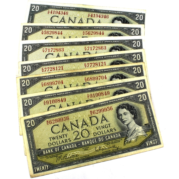 Group Lot of 1954 $20 Banknotes in Average Condition. 7pcs