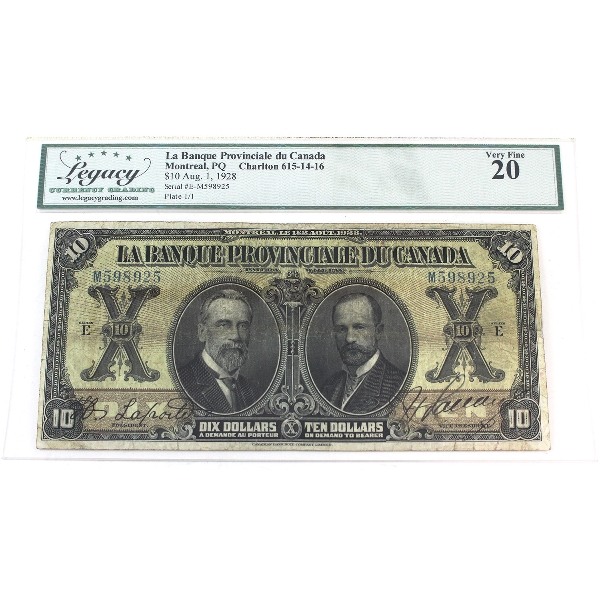 615-14-16 1928 $10 Provincial Bank of Canada Legacy VF20 Montreal SN: E-M598925