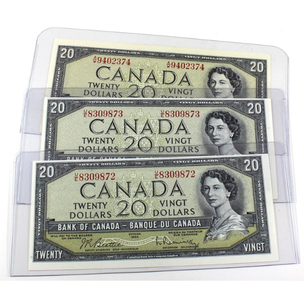 BC-41b 1954 $20 2 Consecutive UNC or Better Beattie-Rasminsky. 3pcs.