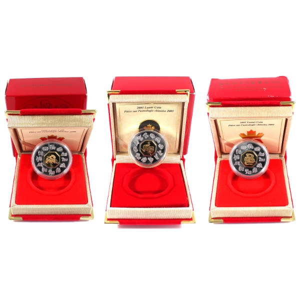 Group Lot of 2000-2005 $15 Sterling Silver Lunar Coins w/ Gold Plated Cameos. 3pcs.