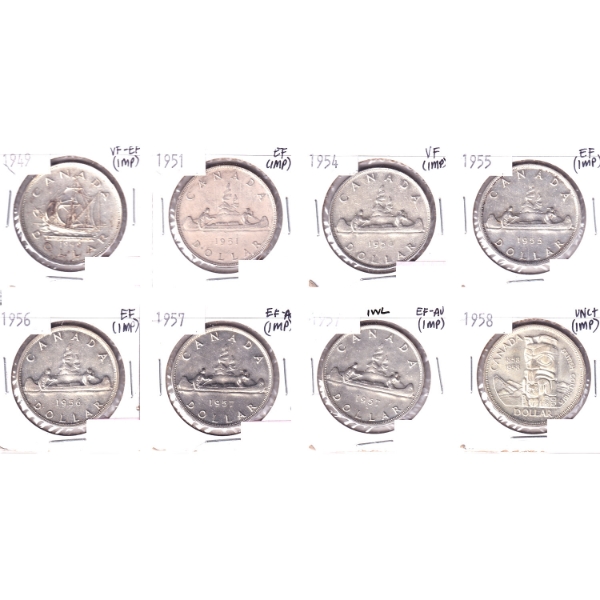 Silver $1 1949-1958 Bulk Collection in 8-Pocket Sheet VF to UNC+. 8pcs