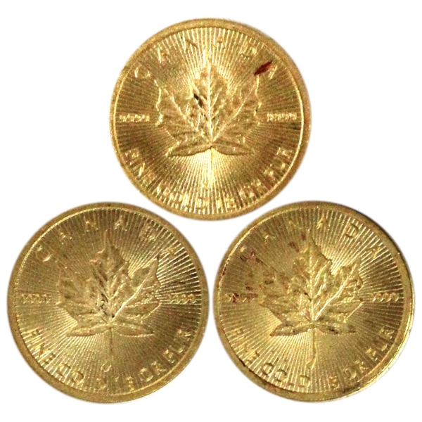 3x ONE GRAM Maplegram Gold Maple Leafs 50-cents .9999 Fine Gold Coins (Tax Exempt)