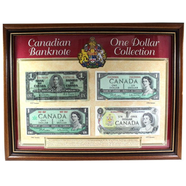Canadian Banknote One Dollar Set in Wooden Frame